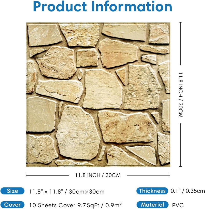 COMSTICKC 3D Faux Stone Wall Panel Peel and Stick Wall Tiles, 10 Pcs of 12"X12", Ultra-Light Thin PVC Rock Adhesive Fake Stone Paneling Backsplash Interior Decor (Brown) - Image 5